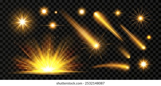 Set of bright sunlight, stars, burst, flares, glares, sparkles, comets, laser, meteors with gold light. Isolated golden effects. Abstract transparent design elements on dark background.