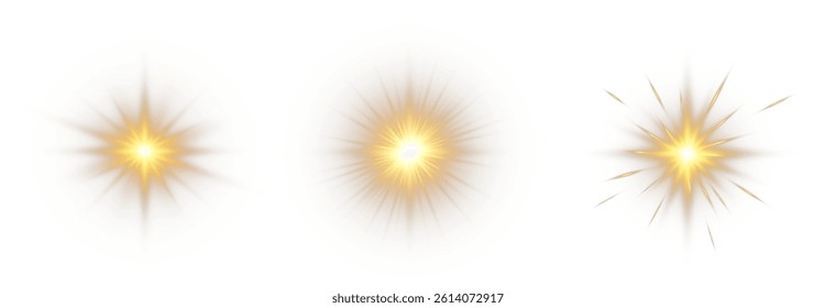 A set of bright suns. Flares with highlights of golden color, bright beautiful sun, set of suns, vector png.