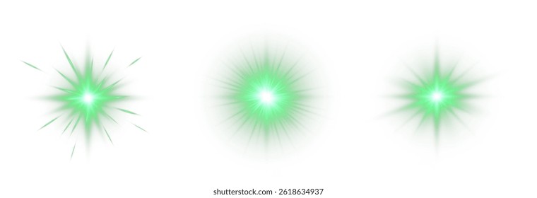 Um conjunto de sóis brilhantes. Flares com destaques de cor verde, sol brilhante bonito, conjunto de sóis, png vetor.