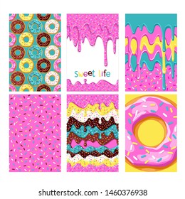 Set of bright sweet food cards. Donuts with pink, chocolate, white, yellow, blue mint glaze.  Seamless pattern, card, poster. Background for fabric, wrapping, wallpaper. Template for design