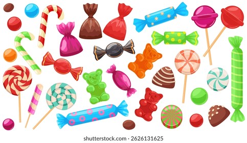 Set of bright sweets. Sweets, desserts, various chocolate candies, colorful lollipops. A collection of delicious, high-calorie food. Vector isolated on a white background