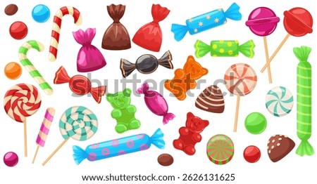 Set of bright sweets. Sweets, desserts, various chocolate candies, colorful lollipops. A collection of delicious, high-calorie food. Vector isolated on a white background