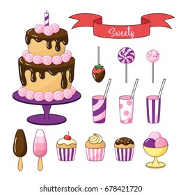 Set of bright sweets and objects. Cake with chocolate icing, small cakes and ice cream. Vector clipart on white background.