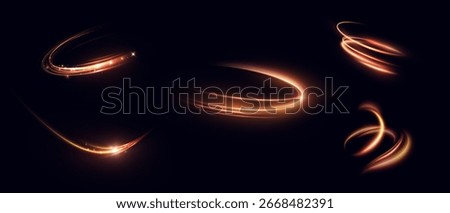 Set of bright swirl effects of orange-red light trail with bright shimmer and glare. Vector light effect for design and illustrations isolated on dark background.	
