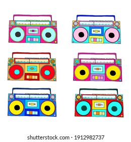 Set of bright tape recorders on a white background. Vector illustration.