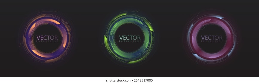 A set of bright technological circular interfaces with colored backlighting. Graphic elements in the form of rings with complex geometry and digital details.