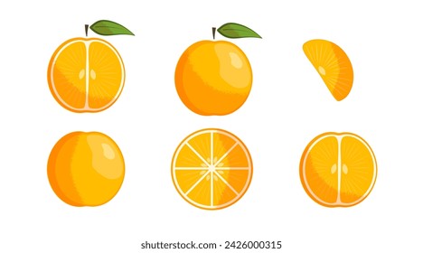 Set of bright textured vector orange - fruit split in a half, along and across, cut in circle and wedge. Cute summer juicy tangerine for sticker, citrus menu design, package, mandarin pattern