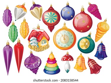 Set of bright toys for the Christmas tree. Vector illustration.