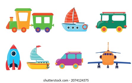 A set of bright transport toys for children. Car, rocket, train, plane, ship. Vector illustration.