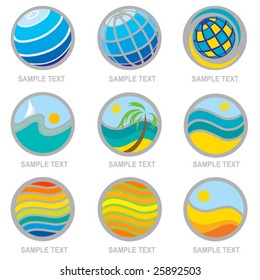 Set of bright travel and vacation icons. Can be used for Travel agency