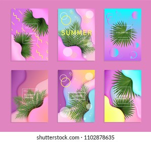 Set of bright and trendy summer fashion, party flyers, cards, posters with palm leaves, liquid gradient shapes on abstract background. Pink, blue, yellow, violet colors. Vector editable illustration