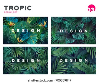 Set of Bright tropical background with jungle plants. Exotic pattern with tropical leaves. Vector illustration