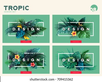 Set of Bright tropical background with jungle plants. Exotic pattern with tropical leaves. Vector illustration