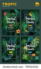 Set of Bright tropical background with jungle plants. Exotic pattern with tropical leaves. Vector illustration