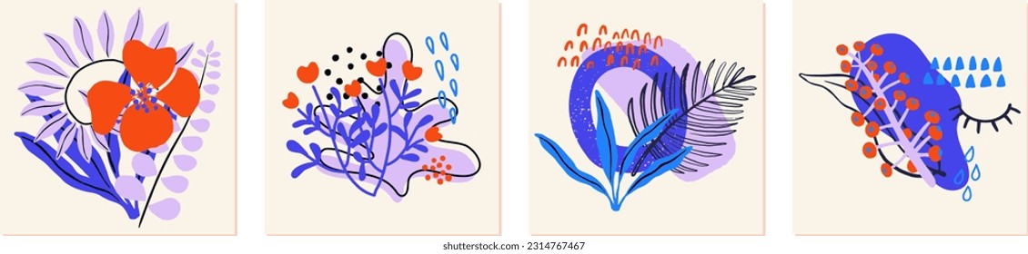 Set of bright tropical backgrounds. Abstract tropical leaves, flowers and textures. Modern design for posters, covers, cards, interior decor.