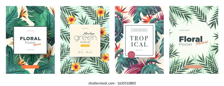 Set of Bright tropical backgrounds with jungle plants. Exotic patterns with tropical leaves. Vector Illustration