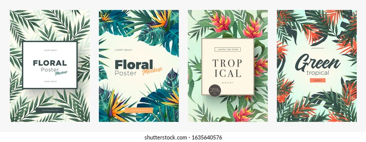 Set of Bright tropical backgrounds with jungle plants. Exotic patterns with tropical leaves. Vector Illustration