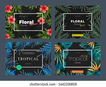 Set of Bright tropical backgrounds with jungle plants. Exotic patterns with tropical leaves. Vector Illustration
