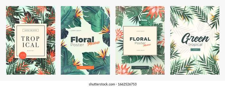 Set of Bright tropical backgrounds with jungle plants. Exotic patterns with tropical leaves. Vector Illustration