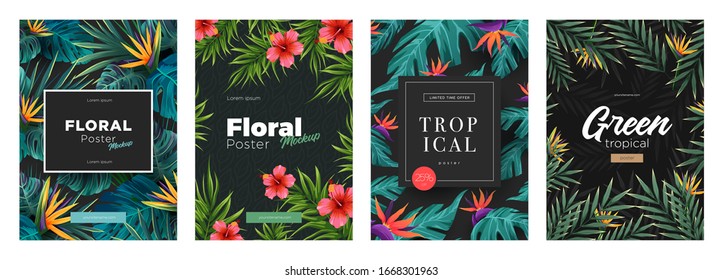 Set of Bright tropical backgrounds with jungle plants. Exotic patterns with tropical leaves. Vector Illustration