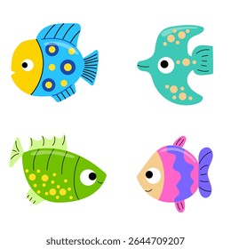 Set of bright tropical fish. Cartoon ocean animals. Exotic fish set.