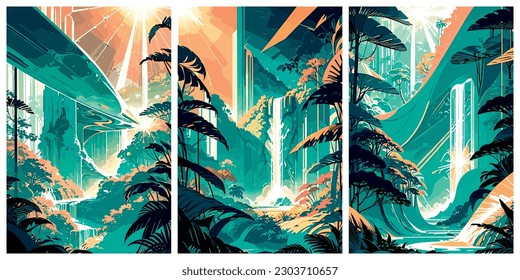 Set of bright tropical green jungle forests with waterfall. Vector stylized illustration. Natural forest landscape in the blissful jungle.