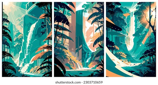 Set of bright tropical green jungle forests with waterfall. Vector stylized illustration. Natural forest landscape in the blissful jungle.
