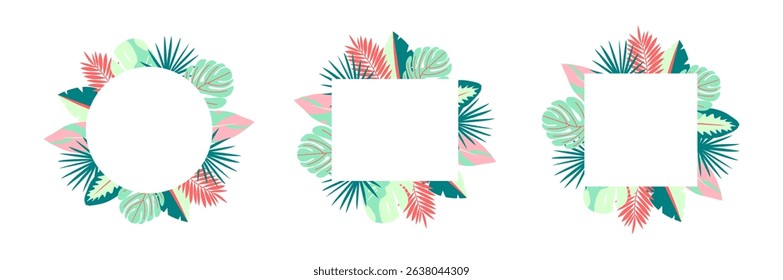 Set of bright tropical summer frame for invitations, flyers or digital scrapbooking. Vector illustration with different shapes