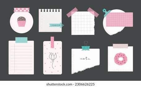 Conjunto de notas pegajosas de papel brillante, agenda, lista de tareas pendientes, planificador, memorias, pegatinas de oficina ilustraciones vectoriales. Plantillas de memo personalizadas, .