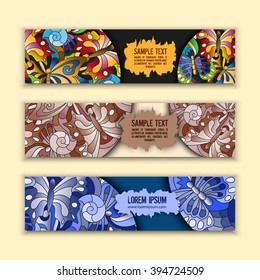 Set of bright vector banners with doodles elements in the form of butterflies image on bright background. Places for your text.