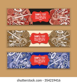 Set of bright vector banners. hand drawn doodle musical instruments on bright background. Places for your text.