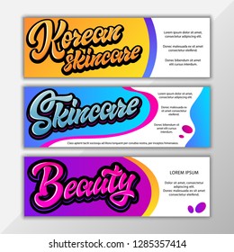 Set of bright vector banners on beauty theme with hand lettering words in graffiti style. Templates for web design with bright modern gradients.