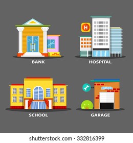 Set of bright vector buildings. School, hospital, garage and bank. 