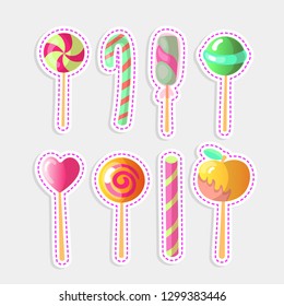 Set of bright vector candies. Set of colorful lollipops, cartoon illustration. Round and heart lollipop, caramelized apple, sweet candy cane isolated on white. Collection of sweet lollipops