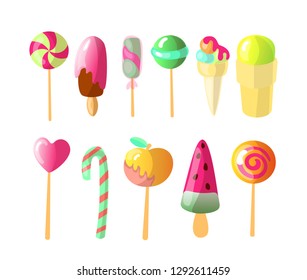 Set of bright vector candies, Ice creams Set of colorful lollipops and Ice-cream, cartoon illustration. Round and heart lollipop, caramelized apple, sweet candy cane, strawberry chocolate icecream