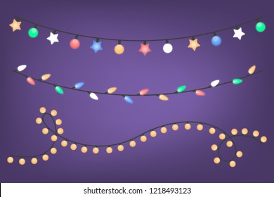 Set of bright vector chirstmas light for holiday party decoration. Glow on the string. Colorful new year element for greeting card. Light bulb isolated on violet of different color.