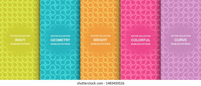 Set of bright vector colorful seamless geometric wavy patterns - creative design. Vibrant curly backgrounds, endless curve textures