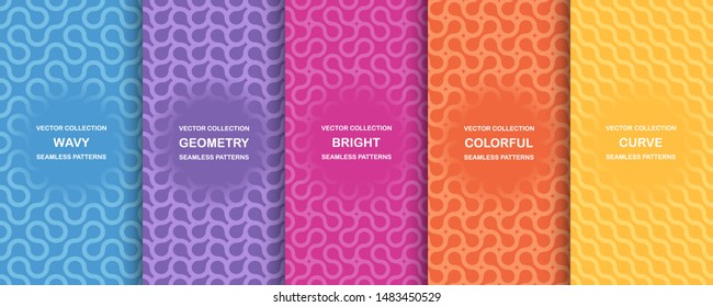 Set of bright vector colorful seamless geometric wavy patterns - creative design. Vibrant curly backgrounds, endless curve textures