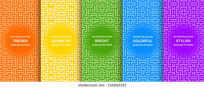 Set of bright vector colorful seamless geometric patterns - striped design. Vibrant digital backgrounds, endless textures