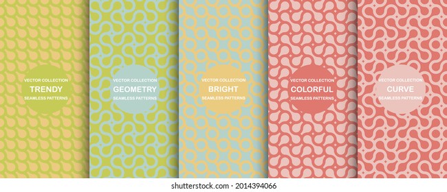 Set of bright vector colorful seamless geometric patterns - creative design. Vibrant curly backgrounds, endless curve textures