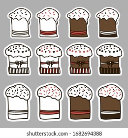 Set of bright vector Easter cakes. Easter cakes stickers. Doodle vector illustration. Outline cakes for posters, greeting cards, stickers.