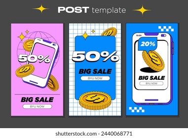 Set of bright vector Editable templates. Stories for the social network with modern graphics. Web Banners with promotions and coins for your commercial, advertising. Big sales. 50 OFF 