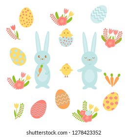 Set of bright vector elements for Easter. Includes colored eggs, chicks, rabbits and flowers for Easter design.