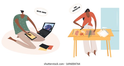 Set of bright vector flat illustrations on the topic of self-isolation with girls. Home-made food preparation and online courses.