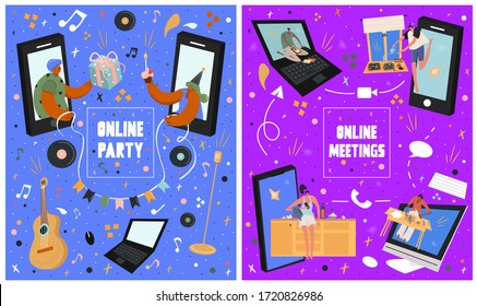 Set Of Bright Vector Flat Posters About Online Meetings With Friends And Online Party. Online Meetings Concept. Music Festival. Meetings In The Period Of Self-isolation. 