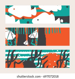 Set of bright vector horizontal banners with fish and seaweed. Abstract conceptual illustration with hand drawn elements.
