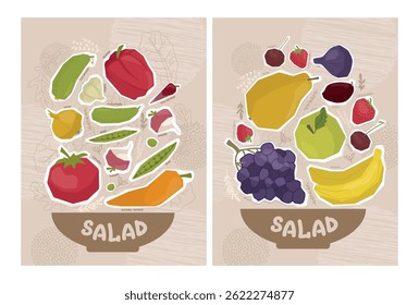 Set of Bright vector illustrations of various fruits and vegetables falling in a plate with the inscription SALAD, emphasizing healthy eating. Hand drawn