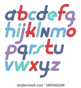 Set of bright vector italic lower case funky alphabet letters isolated with parallel lines, can be used for logo creation in entertainment business.