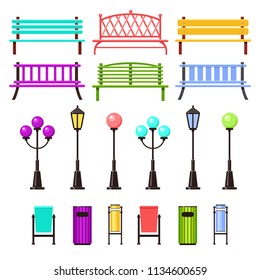 Set of bright vector multicolored benches, lights and rubbish buns for your city. Cute town elements. Cartoon street objects. Make your own street