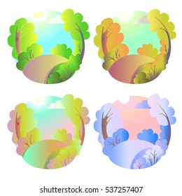 Set of bright vector natural backgrounds. Four seasons in nature - summer, winter, fall, spring. City park or vacation woods at different times the year